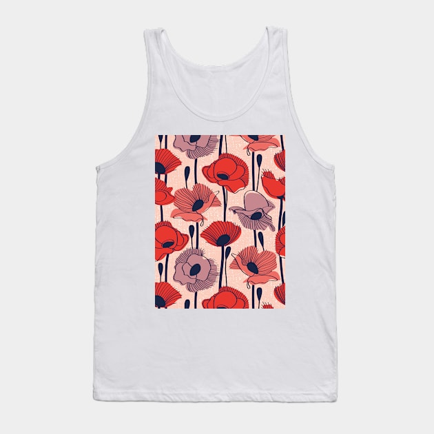 Field of poppies // pattern // rose background neon red orange shade coral and dry rose wildflowers oxford blue line contour Tank Top by SelmaCardoso